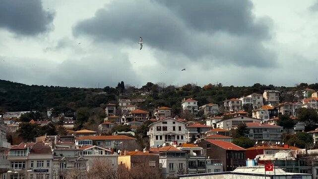 Scenic panorama of Prince Islands coast with traditional houses and stormy sky Istanbul slow motion