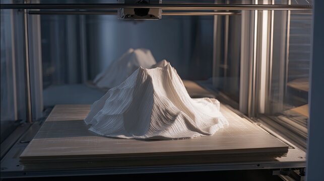 3d printer creating a detailed topography model showing a mountain with visible layering, highlighting the process of additive manufacturing, rapid prototyping, and advanced technology