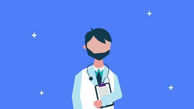 Professional male doctor character animation with stethoscope and clipboard on blue background with medical symbols.