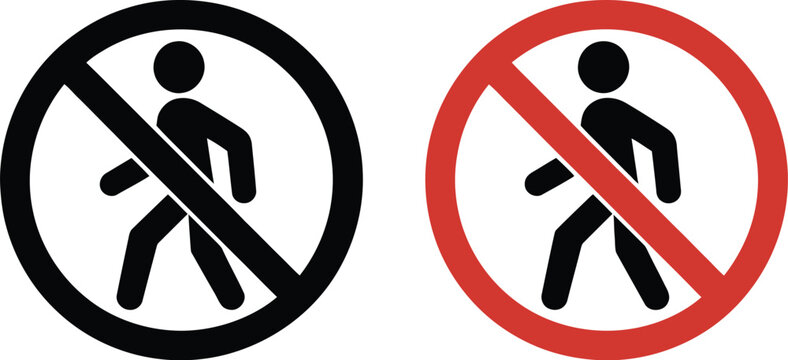 No walking, prohibition sign icon set, crossed pedestrian symbol in black and red circular warning styles representing safety restriction and restricted access zones.