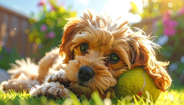 A fluffy, adorable puppy reclines on a lush green lawn, gazing directly at the viewer with a tennis ball nestled near its head