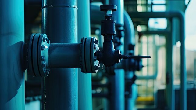Industrial pipeline system with a network of metal pipes, valves, and flanges creating a complex structure for fluid transport and energy infrastructure