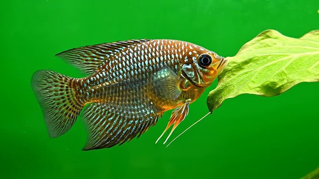 Colorful Cichlid Fish Swimming Gracefully Near Green Leaf in Vibrant Aquatic Setup on Lush Green Background