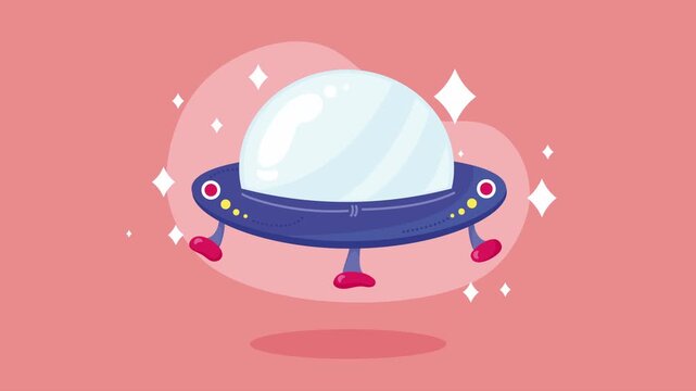 Animated cartoon ufo spacecraft hovering on pink background with glowing stars and motion effects for science fiction concept.