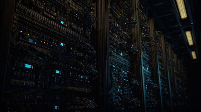 Server racks with many blinking lights and tangled cables creating a complex network. Symbolizing the modern digital infrastructure and essential processes of information technology and cloud storage