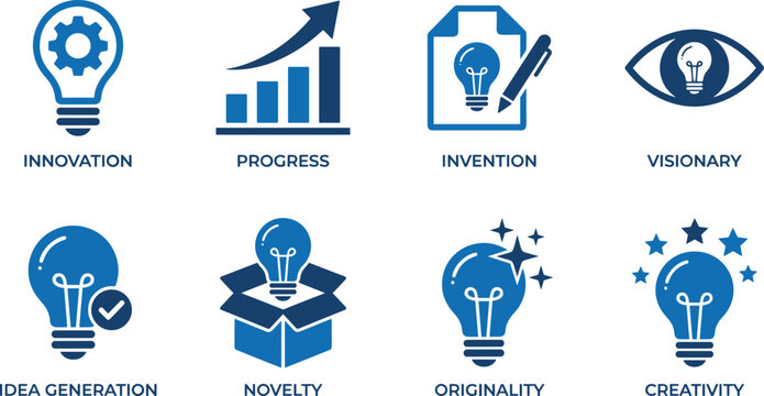 Concept icons showing innovation, progress, invention, visionary, idea generation, novelty, originality, creativity.
