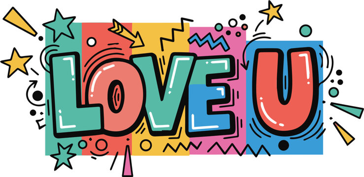 Modern Memphis Style LOVE U Text Design with Vibrant Geometric Graphics