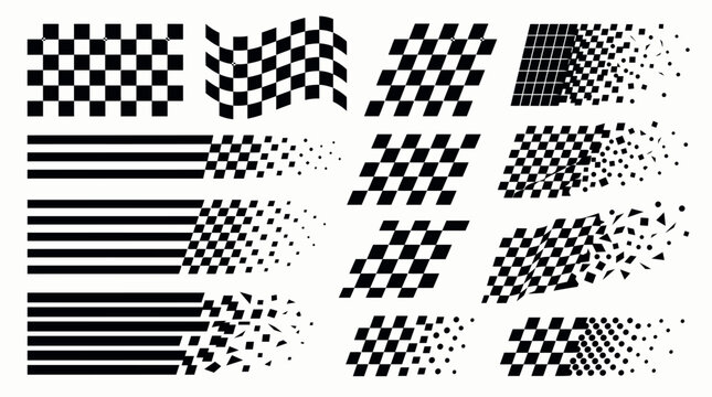 Black and white checkered and striped flag designs with various dissolving effects, illustrating racing design elements or dynamic sport backgrounds