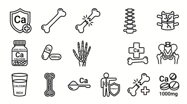 Comprehensive set of line icons illustrating bone health, calcium intake and human skeletal anatomy on white, illustrating osteoporosis prevention and nutritional guidance