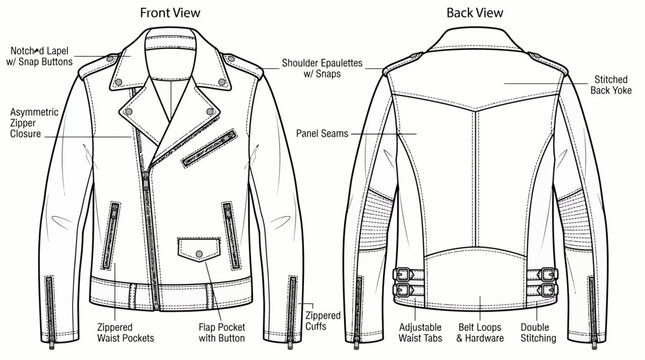 Detailed technical fashion flat drawing of a leather biker jacket featuring front and back views with comprehensive annotations, representing apparel design and production development