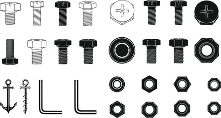 Industrial Hardware Fasteners Vector Set with Bolts Nuts Anchors Washers and Hex Key Tools Illustration © MdShah