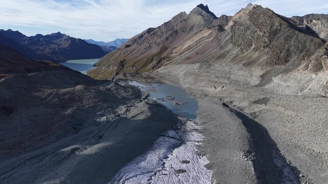 Aerial view of the glacial lake at Glacier de Cheilon on a sunny summer afternoon in the remote part of the Swiss Alps