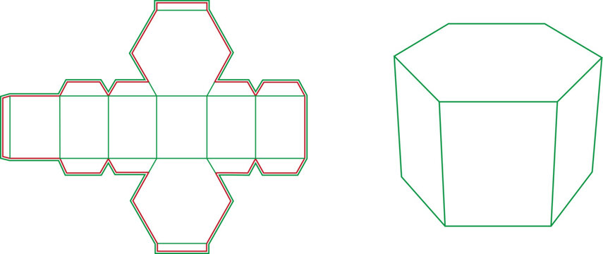 Hexagonal gift box dieline template with 3D folding mockup for packaging design, product branding, and paper craft projects