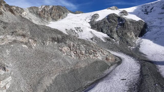 Aerial flyover view of Glacier de Cheilon near Arolla on a sunny summer afternoon in the Swiss Alps