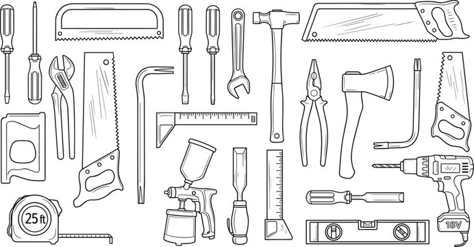Hand Tools and Construction Equipment Vector Set Featuring Saws Screwdrivers Hammer Drill and Measuring Tools