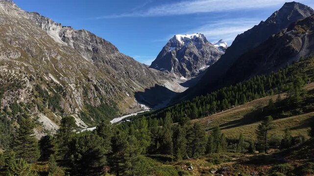 Aerial flyover over the forest near Arolla, Switzerland with a view of the Mont Collon in the background on a sunny summer day in the Swiss Alps