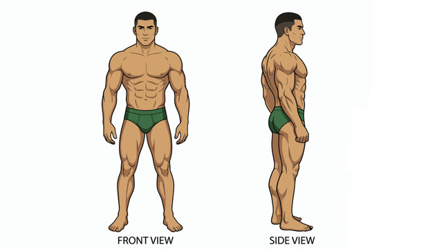 Vector illustration of a strong, fit male body in green briefs, presented in detailed front and side views on a clean white background, providing visual reference for anatomy or fitness training