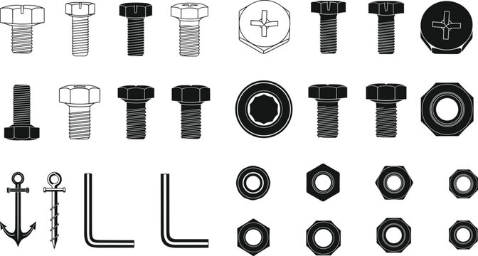 Industrial Hardware Fasteners Vector Set with Bolts Nuts Anchors Washers and Hex Key Tools Illustration