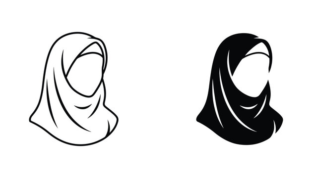 Muslim woman wearing hijab icon in outline and solid black silhouette styles for cultural and religious diversity design