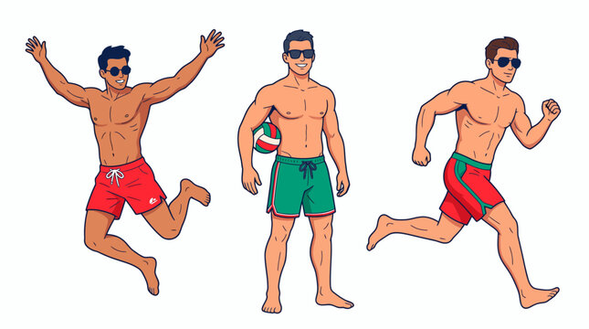 Three shirtless cartoon men in swim trunks and sunglasses jumping, holding a volleyball and running, representing summer vacation and an active lifestyle