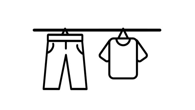 A minimalist white background icon showing pants and a shirt hanging on a clothing rail or hanger representing clothes drying or organized wardrobe storage