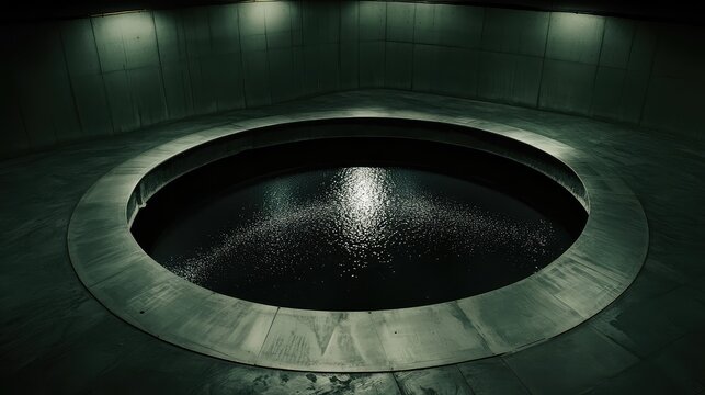 Underground concrete cistern featuring a large circular pool holding dark water, with a bright light reflecting on the surface, creating a stark and abstract scene
