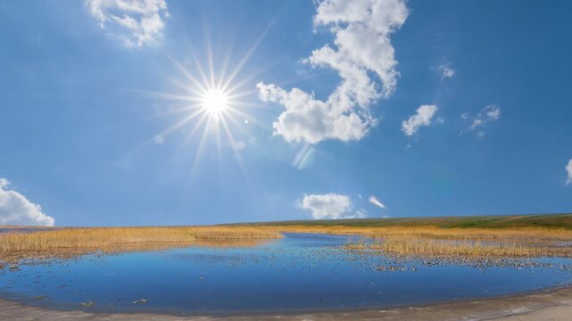 small blue lake under a summer sparkle sun time lapse scene