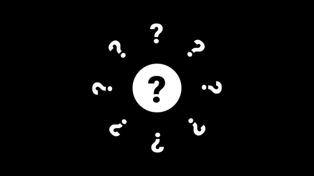 A dark background icon showing a question mark surrounded by scattered smaller question marks representing uncertainty confusion unknown information or a help and FAQ symbol