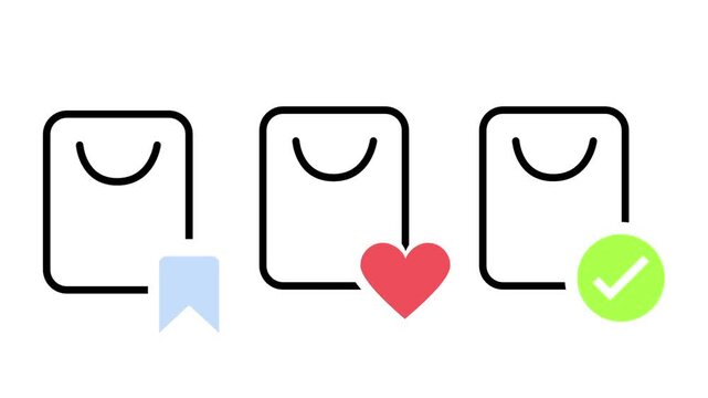 A white background icon displaying three shopping bags with different status badges including a bookmark a heart and a checkmark representing saved liked and confirmed purchases