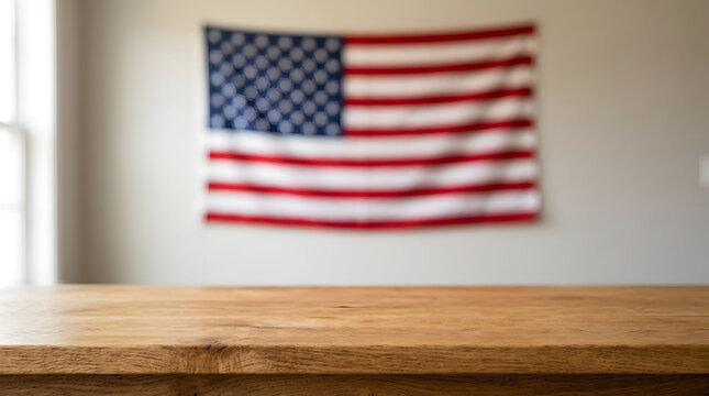 Blurry american flag hanging on light wall behind empty rustic wooden table surface for product display or holiday presentation in bright indoor room setting.