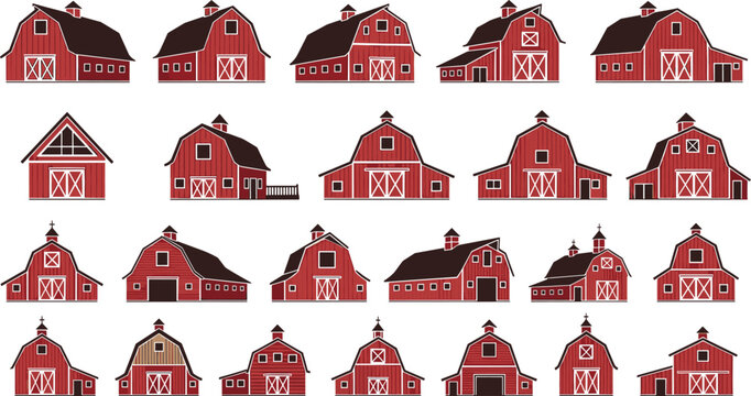 Large Set of Traditional Red Farm Barn Vector Icons Featuring Diverse Agricultural Building Styles and Rural Countryside Architecture