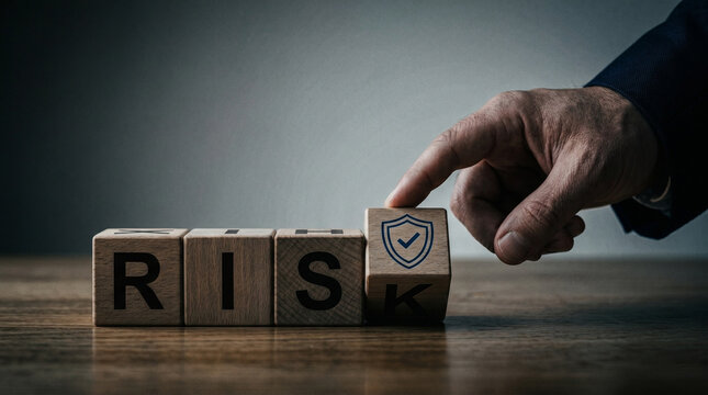 Mitigating Risk: A hand strategically positions a wooden block, replacing the letter 'K' with a shield, symbolizing security.