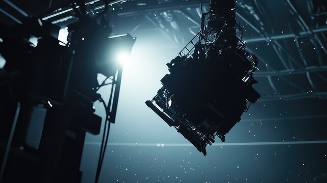 Professional film equipment hanging from a rigging, with a bright spotlight illuminating the dark studio space, creating a dramatic, high contrast scene ready for production
