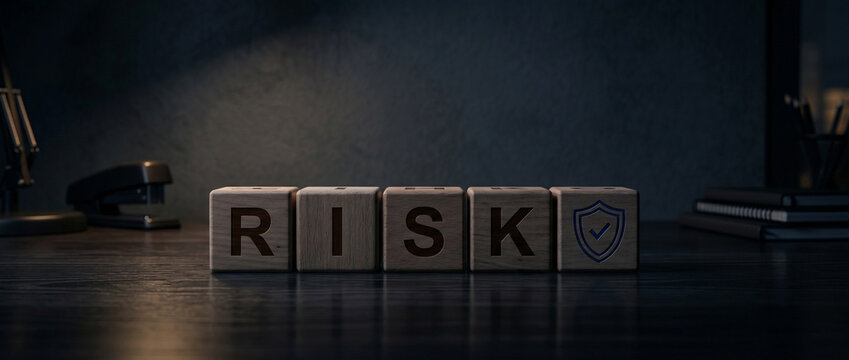 Risk Assessment: The word RISK is spelled out on wooden blocks, illuminated by a focused light, emphasizing a sense of deliberation and assessment.