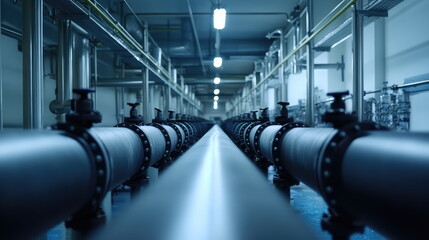 Obraz premium Industrial pipeline system featuring multiple large pipes with valves extending into the distance, highlighting infrastructure for water treatment and processing within a manufacturing environment