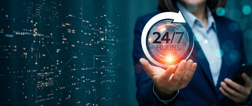 Always Available: A professional figure, displaying a 24/7 concept, demonstrating constant service availability and accessibility, emphasizing reliable support for seamless experience.