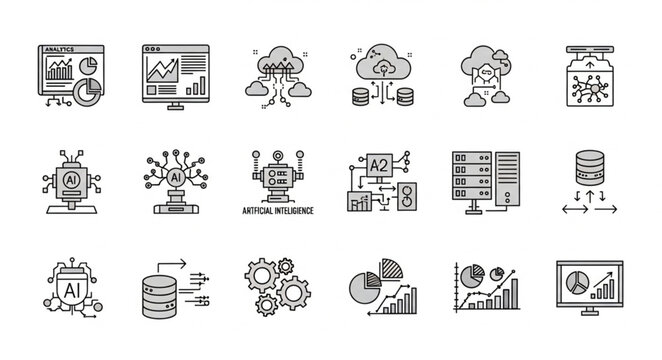 Various business and technology icons.