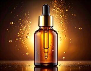 Fototapeta premium Amber glass dropper bottle filled with golden serum, surrounded by sparkling particles