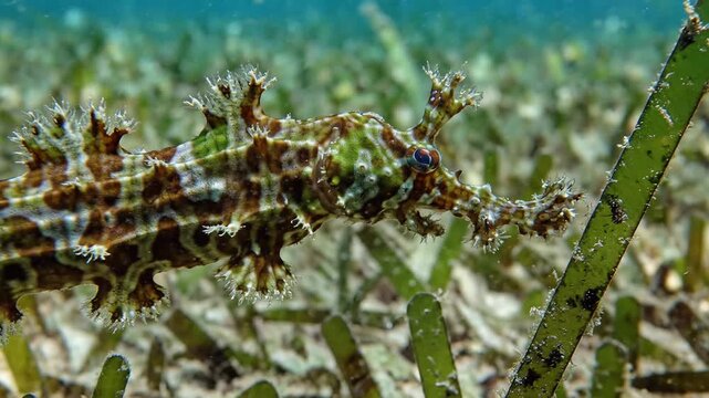 Underwater closeup of a camouflaged ornate ghost pipefish hiding in seagrass.