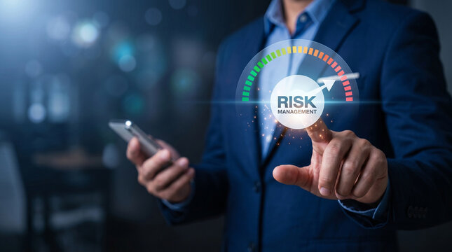 Navigating Risk: A professional interacts with a digital risk assessment interface, highlighting the importance of strategic planning and prudent decision-making in the business realm.