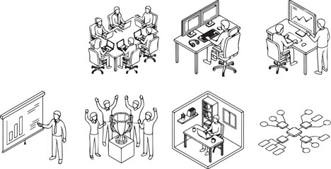 Obraz premium Black and White Isometric Business Office Scene Vector Collection with Team Meeting Workstation Presentation Trophy and Flowchart Icons
