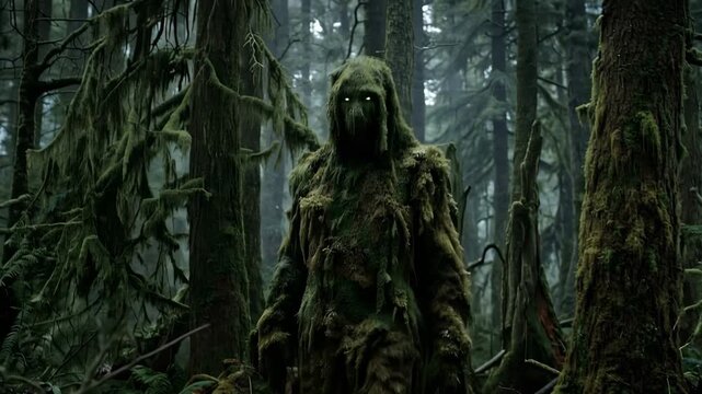 Mysterious humanoid creature covered in green moss with scary glowing eyes walking through a dark, foggy, and ancient forest, emerging from the misty woods towards the camera with a menacing gait
