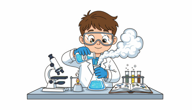 Boy conducting chemistry experiment with flask and microscope