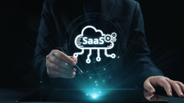 Visual representation of SaaS showing infrastructure, SaaS deployment, SaaS platform features, and SaaS integration model in digital environment. Elide
