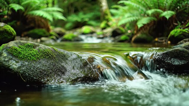 Serene Forest Stream Flowing Over Mossy Rocks.