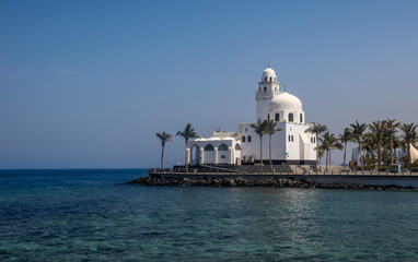 Fototapeta premium Al-Rahma Floating Mosque Rising Over the Red Sea Waters at Jeddah Corniche, Saudi Arabia