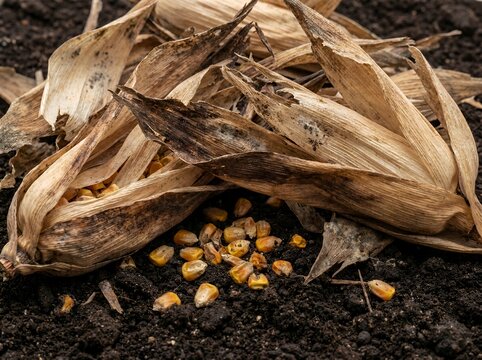 Closeup of dried corn husks revealing scattered yellow corn kernels on rich dark soil representing agriculture and harvest aftermath