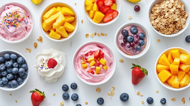 National Frozen Yogurt Day: A stunning overhead flat lay of a colorful frozen yogurt bar with multiple toppings including fresh strawberries, blueberries, mango chunks, granola, honey drizzle