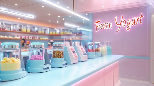 Interior of a bright modern frozen yogurt shop, self-serve station with multiple froyo machine dispensers in pastel colors, neon sign saying "Frozen Yogurt" glowing on the wall