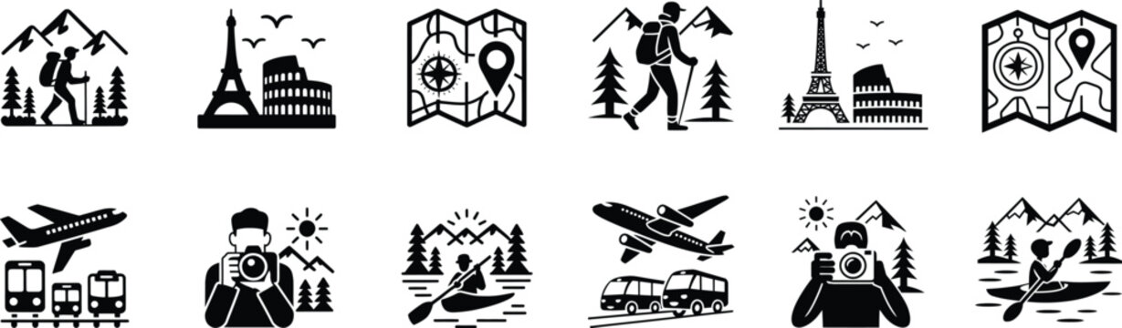 Set of travel and tourism icons with eiffel tower illustration collection suitcase airplane mountains landmark photographer backpack adventure vacation